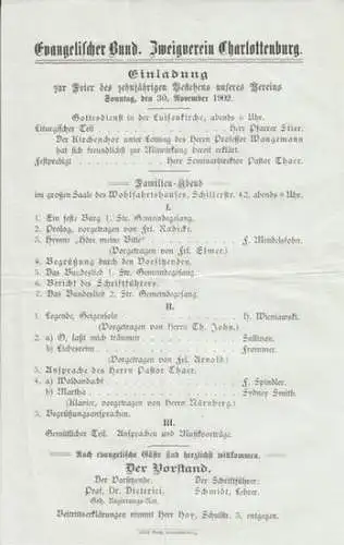 Evangelischer Bund, Zweigverein Charlottenbrug.   F. Mendelsohn, F. Spindler, Sydney Smith, u. a.: Programmzettel zu: Feier des zehnjährigen Bestehens unsers Vereins.. 