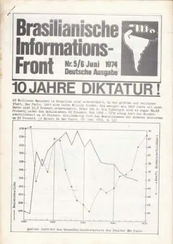 Brasilianiische Informations Front   Gruppe über Lateinamerika (Redaktion): Brasilianische Informations Front. Nr 5/6, Juni. 1974. Deutsche Ausgabe. Aus dem Inhalt: Brasilien: 10 Jahre Repression.. 