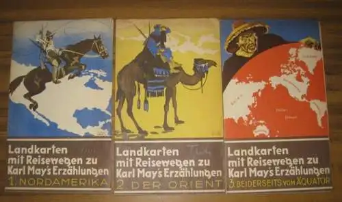 May, Karl: 3 Landkarten mit Reisewegen zu Karl May´s Erzählungen (kpl). 1: Nordamerika. 2: Der Orient. 3: Beiderseits vom Äquator. 