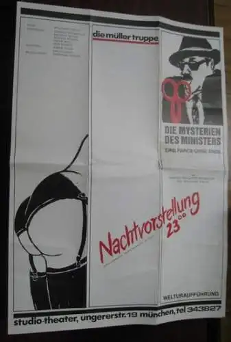 Programmzettel in Form eines Plakats zu: Die Mysterien des Ministers. Eine Farce ohne Ende. Welturuafführung. - Regie: Wolfgang Müller. - Darsteller: Margarethe Rothmüller, Michaela Wolko Norbert Steinke, Dieter Woll, Rudi Schmitz