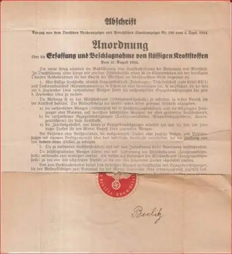 Landrat des Kreises Zauch Belzig, Wirtschaftsamt.   Generalmajor Koll.   Regierungsrat Wasmuth: Anordnung über die Erlassung und Beschlagnahme von flüssigen Kraftstoffen vom 31.. 