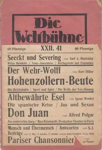 Weltbühne, Die.   herausgegeben von Siegfried Jacobsohn.   mit Beiträgen von Kurt Tucholsky (unter den Namen Peter Panter, Ignaz Wrobel ), Carl v.. 