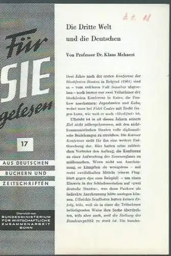 Für Sie gelesen. - Mehnert, Klaus / Wolf Preuss / Richard Kerschagl / Markus Timmler: Für Sie gelesen. Heft 17. 1964. Aus deutschen Büchern und Zeitschriften. Herausgeber: Bundesministerium für wirtschaftliche Zusammenarbeit, Bonn. 