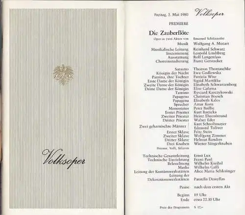 Volks   Oper Wien.  1980: Volksoper Wien. Saison 1980. Premiere. Die Zauberflöte. Oper in 2 Akten   Emanuel Schikaneder. Musik : W.. 