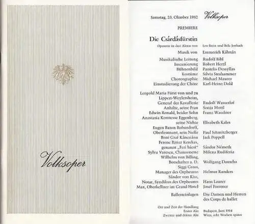 Volksoper Wien. Saison 1982. Premiere.  Die Csardasfürstin. Operette in 3 Akten von Leo Stein u.Bela Jenbach.  Musik : Emmerich Kalman.  Musikalische Leitung.. 