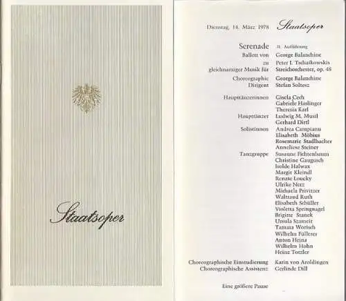 Staatsoper Wien. Saison (Jahr): 1978.. Programmheft und Besetzungsliste zu dem Stück:  SERENADE. Ballett v. George Balanchine zu Peter I.Tschaikowskis gleichnamiger Musik für Streichorchester, op.48.. 