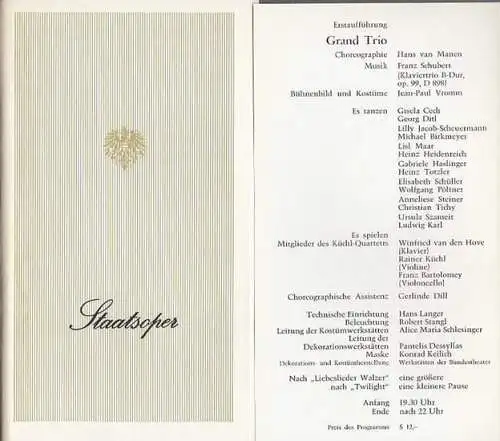 Staatsoper Wien. Saison (Jahr) : 1978. Ballettabend. Liebeslieder Walzer / Twilight / Grand TRio. Programmheft und Besetzungsliste. Choreographie: George Balanchine. Tänzer : Marialuise Jaska, Ludwig.. 