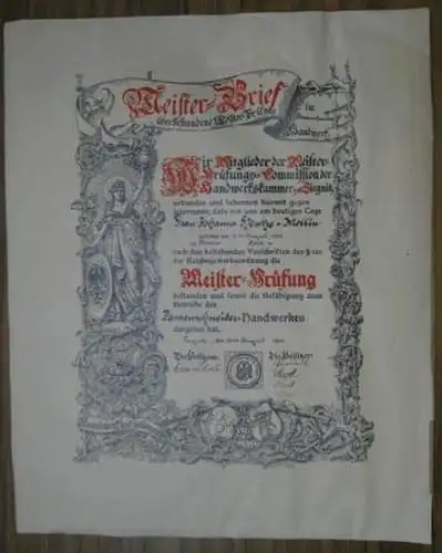 Meisterbrief.   Handwerkskammer zu Liegnitz ( Legnica ).   Johanna Hentze   Mellin ( geboren 12. August 1894 zu Berlin ).. 