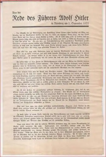 Hitler, Adolf: Aus der Rede des Führers Adolf Hitler in Nürnberg am 1. September 1933. 