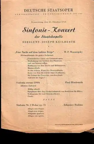 Staatskapelle, Deutsche Staatsoper, Berlin. im Admiralspalast, Friedrichstrasse 101 - 102. Sinfonie - Konzert am 21. Oktober 1948. Dirigent: Joseph Keilberth. Auf dem Programm: M. P. Mussorgsky, Paul Hindemith, Johannes Brahms