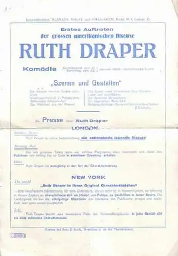 Programmzettel: Erstes Auftreten der grossen amerikanischen Diseuse Ruth Draper in der Komödie, Berlin am 21. und 22. Januar 1928. Konzertdirektion Hermann Wolff und Jules Sachs, Berlin