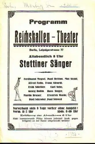 Berlin Reichshallentheater.   Stettiner Sänger: Programm Reichshallen   Theater, Berlin, Leipziger Straße 77. Programm der Stettiner Sänger (Ferdinand Meysel, Paul Britton, Alfred Fuchs.. 