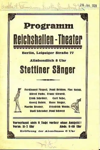 Berlin Reichshallentheater.   Stettiner Sänger: Programm Reichshallen   Theater, Berlin, Leipziger Straße 77. Programm der Stettiner Sänger (Ferdinand Meysel, Paul Britton, Alfred Fuchs.. 