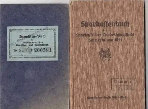 Grabe, Irmtraut. - Sparkasse Schwerin / Mecklenburgische Depositen- und Wechselbank, Mecklenburgische Bank, Konvolut mit 2 Teilen: 1) Sparkassenbuch der Sparkasse der Landeshauptstadt Schwerin von 1821, Hauptstelle: Adolf-Hitler-Platz, Nummer 27743, ausge