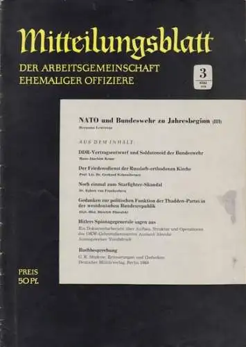 Arbeitsgemeinschaft ehemaliger Offiziere.   mit Beiträgen von Hermann Lewerenz, Hans Joachim Kruse, Egbert von Frankenberg u. a: Mitteilungsblatt der Arbeitsgemeinschaft ehemaliger Offiziere. Nr. 3.. 