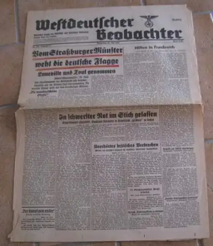 Westdeutscher Beobachter: Westdeutscher Beobachter. Donnerstag, 20. Juni 1940. Jahrgang 16, Nr. 169. Ausgabe Bonn und Siegburg. Amtliches Organ der NSDAP und sämtlicher Behörden. 