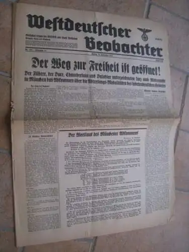 Westdeutscher Beobachter. - Adolf Hitler, Benito Mussolini: Westdeutscher Beobachter. Freitag, 30. September 1938. Jahrgang 14, Nr. 268. Ausgabe Bonn und Siegburg. Amtliches Organ der NSDAP und sämtlicher Behörden. 