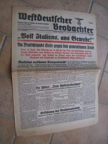 Westdeutscher Beobachter: Westdeutscher Beobachter. Dienstag, 11. Juni 1940. Jahrgang 16, Nr. 160. Ausgabe Bonn und Siegburg. Amtliches Organ der NSDAP und sämtlicher Behörden. 