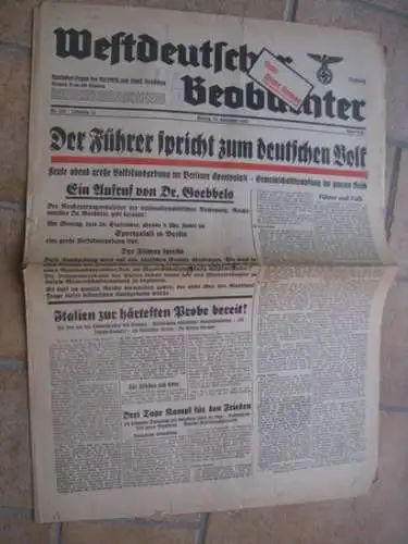 Westdeutscher Beobachter. - Edvard Benes: Westdeutscher Beobachter. Montag, 26. September 1938. Jahrgang 14, Nr. 264. Ausgabe Bonn und Siegburg. Amtliches Organ der NSDAP und sämtlicher Behörden. 