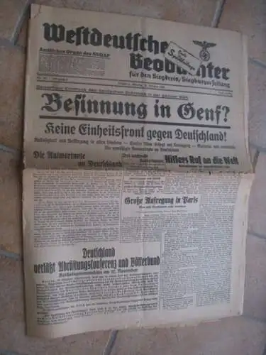 Westdeutscher Beobachter. - Adolf Hitler / Joseph Goebbels. - Baldur von Schirach: Westdeutscher Beobachter für die Siegkreis, Siegburger Zeitung. Montag, 16. Oktober 1933. Jahrgang 9, Nr. 261. Amtliches Organ der NSDAP und sämtlicher Behörden. 