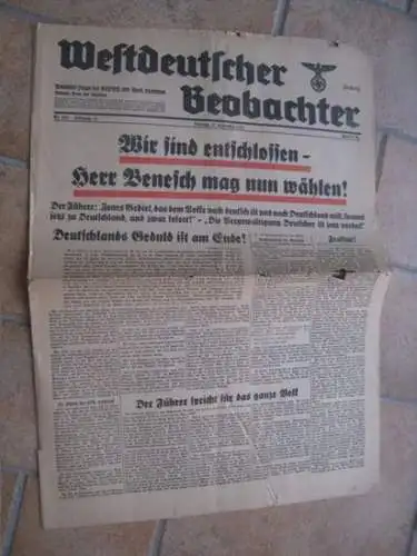 Westdeutscher Beobachter. - Adolf Hitler / Edvard Benes. - Eugen Skasa-Weiß u. a: Westdeutscher Beobachter. Dienstag, 27. September 1938. Jahrgang 14, Nr. 265. Amtliches Organ der NSDAP und sämtlicher Behörden. 