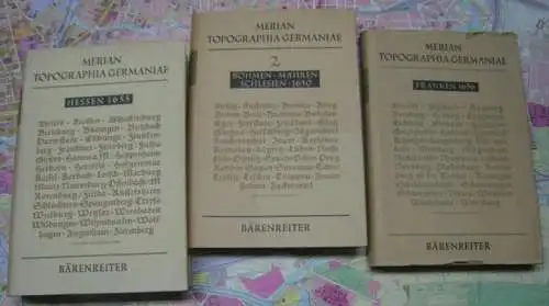 Merian, Matthäus. - Lucas Heinrich Wüthrich (Nachw.): Merian Topographia Germaniae. Konvolut mit 4 Bänden. Faksimile-Ausgabe. Enthalten: Böhmen - Mähren - Schlesien 1650 / Brandenburg - Pommern 1652 / Hessen 1655 / Franken 1656. 