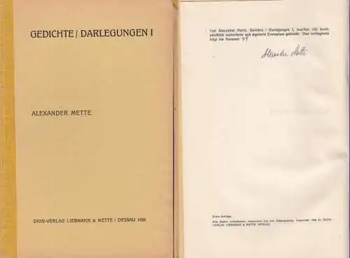 Mette, Alexander: Gedichte. Darlegungen I. Inhalt: Rhythmen und Strophen I. 1: Zu einem Bilde Hodlers / Im Frühling / Der Morgen / Kleists Grab /.. 