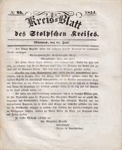 Kreisblatt Stolp (Pommern).- Landrathsamt Stolp (Red.): Kreis-Blatt des Stolpschen Kreises. Nr. 25 vom 21 Juni 1854 mit Kreis-Anzeiger. 