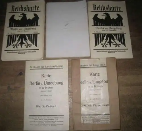 Reichskarte. - Reichsamt für Landesaufnahme, Berlin: Reichskarte Berlin und Umgebung, hier: 5 (von 12) Blätter. - Enthalten sind : III. Bernau. IV. Freienwalde. VIII. Strausberg.  X. Zossen. UND XII. Fürstenwalde. Maßstab jeweils 1: 50.000. 