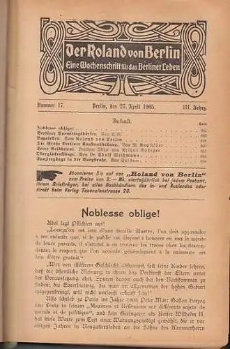 Roland, Der: Der Roland : Eine Wochenschrift für das Berliner Leben. III. Jahrgang mit Heften aus dem Zeitraum April 1904.. 