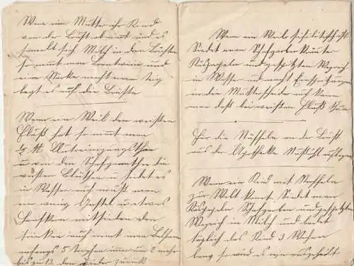 Ohne Autor.   Arzneibuch, Ohne Titel.   Handgeschriebenes Arznei Buch mit etwa 20 Rezepten und Hausmitteln bzw. Handlungsanweisungen, u. a. Bier Pflaster /.. 