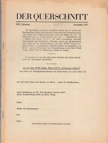 Querschnitt, Der. - Semank, Alfred (Red.): Der Querschnitt. Jahrgang XIII, Heft 9, Dezember 1933. Sonderheft: Familie und Verwandtes. 