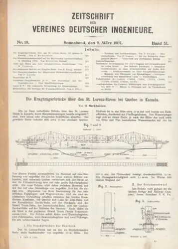 Barkhausen, G. (Autor): Die Kragträgerbrücke über den St. Lorenz-Strom bei Quebec in Kanada (Artikel aus: Zeitschrift des Vereines Deutscher Ingenieure, Band 51, Nr. 10, 9. März 1907). 