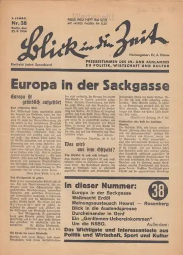 Blick in die Zeit - Dr. A. Ristow (Redakteur / Herausgeber): Blick in die Zeit. 2. Jahrgang, Nr. 38, 22.9.1934. 