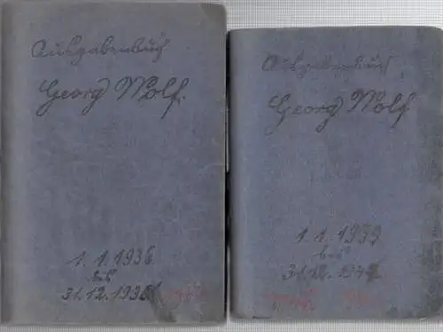 Wolf, Georg, Konvolut mit 2 Teilen: Ausgabenbuch Georg Wolf, Verwaltungsassistent beim Reichstag, Berlin-Mariendorf, Ankogelweg 77. - 1. 1. 1936 bis 31. 12. 1938 / 1. 1. 1939 bis 31. 12. 1946. - handschriftliches privates Kassenbuch