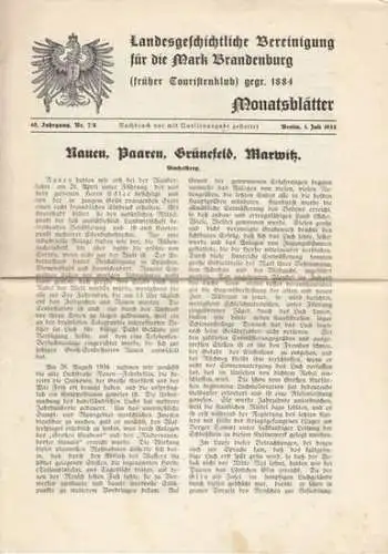 Landesgeschichtliche Vereinigung für die Mark Brandenburg / Bartsch, W. (Hrsg.): Landesgeschichtliche Vereinigung für die Mark Brandenburg, früher Touristenklub, gegr. 1884. Monatsblätter. 40. Jahrgang, Nr. 7/8. 1. Juli 1935. 