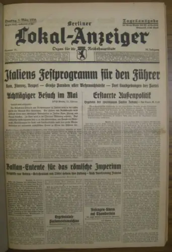Berliner LokalAnzeiger. - Lucke, Fritz (Red.): Berliner Lokal-Anzeiger. Folge mit 11 Ausgaben aus dem Zeitraum 01.03.1938 - 12.03.1938, 56. Jg. - Enthalten sind: Nr. 52 - 62. 