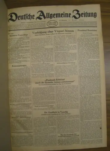 Deutsche Allgemeine Zeitung. - Silex, Karl (Red.): Deutsche Allgemeine Zeitung. Sammelband mit 94 Ausgaben aus dem Zeitraum 02.09.1941 - 31.10.1941, Jahrgang 80. Enthalten sind: Nr. 419, 421-429, 431, 433-436, 438-442, 444, 447, 449-453, 455-459, 461-469,