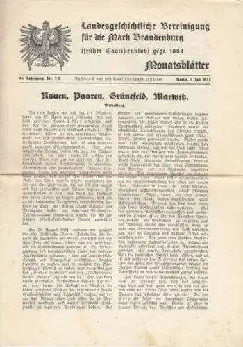 Landesgeschichtliche Vereinigung für die Mark Brandenburg / Bartsch, W. (Hrsg.): Landesgeschichtliche Vereinigung für die Mark Brandenburg, früher Touristenklub, gegr. 1884. Monatsblätter. 40. Jahrgang, Nr. 7/8. 1. Juli 1935. 