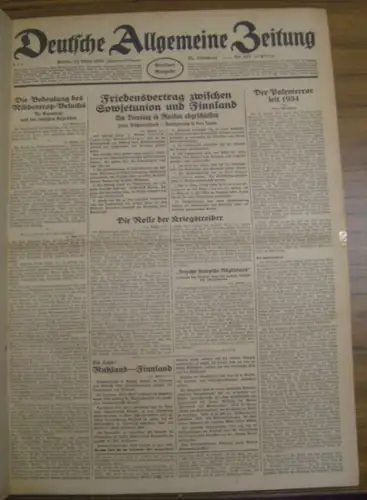 Deutsche Allgemeine Zeitung. - Silex, Karl (Red.): Deutsche Allgemeine Zeitung. Sammelband mit 40 Ausgaben aus dem Zeitraum 13.03.1940 - 27.04.1940, Jahrgang 79. Enthalten sind: Nr. 125-6, 131, 135-41, 145, 146/7, 149, 151, 153, 155-8, 161-2, 167, 169, 17