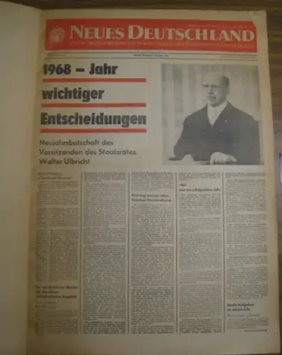 Neues Deutschland: Neues Deutschland. Sammelband mit 23 Ausgaben aus dem Zeitraum 01.01.1968 - 30.06.1968, Jahrgang 23. Organ des Zentralkomitees der sozialistischen Einheitspartei Deutschlands. Enthalten sind: Nr. 1, 27, 33-4, 67, 60-1, 66, 69, 87-8, 96-