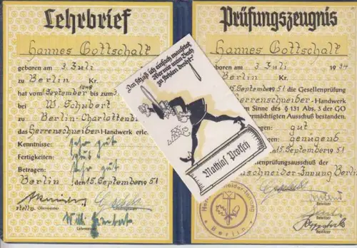 Herrenschneider-Innung Berlin. - Hannes Gottschalk, geboren 1934 in Berlin. - Firma W. Schubert, Lehrbrief und Prüfungszeugnis für Hannes Gottschalk, beides ausgestellt am 15. September 1951