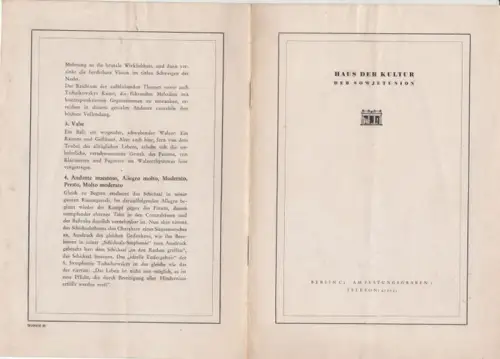 Haus der Kultur der Sowjetunion, Berlin. - Peter Tschaikowsky. - Orchester der Komischen Oper. - Dirigent: Alexander Weinstein: Programmheft zum Symphonie-Konzert mit Werken von Peter Tschaikowsky. Komische Oper, Sonntag, 18. September 1949. - Inhalt: Ham