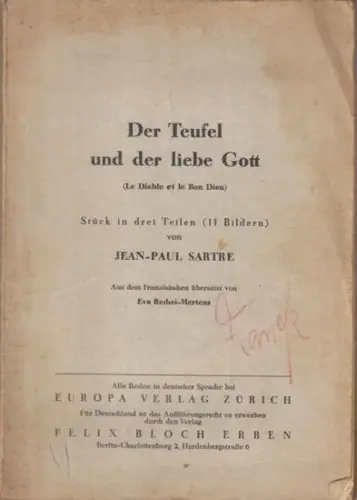 Sartre, Jean Paul.   ROLLENBUCH für Walter Franck, Deutsches Schauspielhaus Hamburg.   Regie: Karl Heinz Stroux: Der Teufel und der liebe Gott (Le.. 