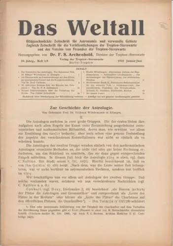 Weltall, Das.   Archenhold, Friedrich Simon (Hrsg.): Das Weltall. 23. Jahrgang, Heft 1/2. Januar/Juni 1923. Bildgeschmückte Zeitschrift für Astronomie und verwandte Gebiete. Zugleich Zeitschrift.. 