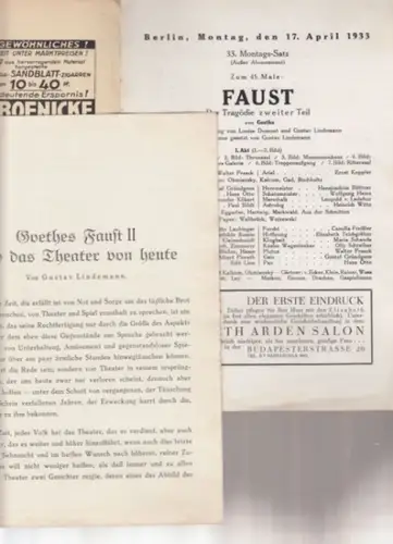 StaatsTheater Berlin, Schauspielhaus am Gendarmenmarkt.   Goethe.   Walter Franck als Faust, Gustaf Gründgens als Mephistopheles: Programmheft zu: Faust. Der Tragödie zweiter Teil.. 