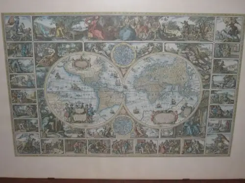 Piscator, Nikolaus Johannes (Claes Jansz Vischer)  / Gerhard Ulrich (Text): Weltkarte des Claes Jansz Vischer genannt Nikolaus Johannes Piscator (1618 - 1679) - Faksimile nach einem farbigen Kupferstich aus dem 17. Jahrhundert. 