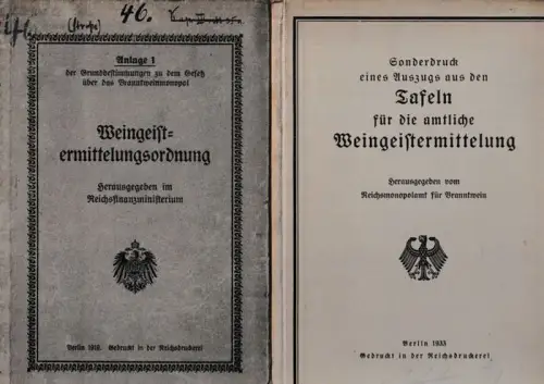 Reichsfinanzministerium / Reichsmonopolamt für Brannzwein (Hrsg.): 2 Titel in 2 Bänden: 1) Weingeistermittlungsverordnung   Anlage 1 der Grundbestimmungen zu dem Gesetz über das Branntweinmonopol.. 