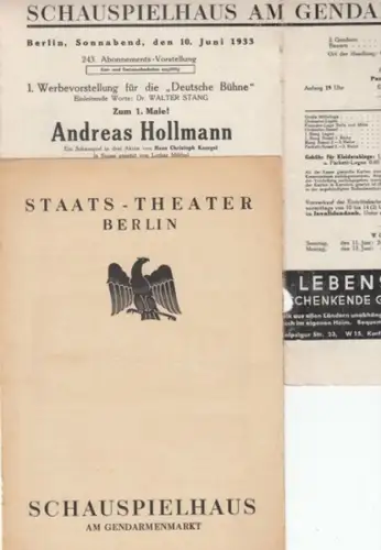 Programmheft zu: Andreas Hollmann (Zum 1. Male).   Sonnabend, 10. Juni 1933. 1. Werbevorstellung für die 'Deutsche Bühne'   in Szene gesetzt von.. 