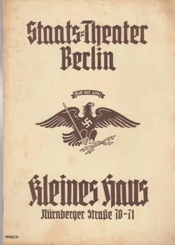 Programmheft zu: Die Jungfern vom Bischofsberg. - Freitag, 25. Oktober 1935. - Lustspiel von Gerhart Hauptmann. - Spielleitung: Lothar Müthel. - Bühnenbilder: Rochus Gliese. - Darsteller: Hilde Weißner, Marianne Hoppe, Käthe Gold, Walter Franck u. a